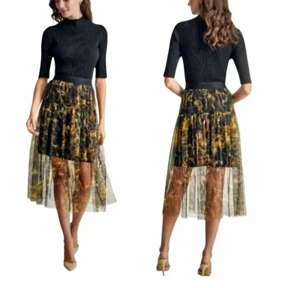DKNY Donna Karen Sheer Mesh Tulle Skirt Animal Print Logo Midi Large NEW